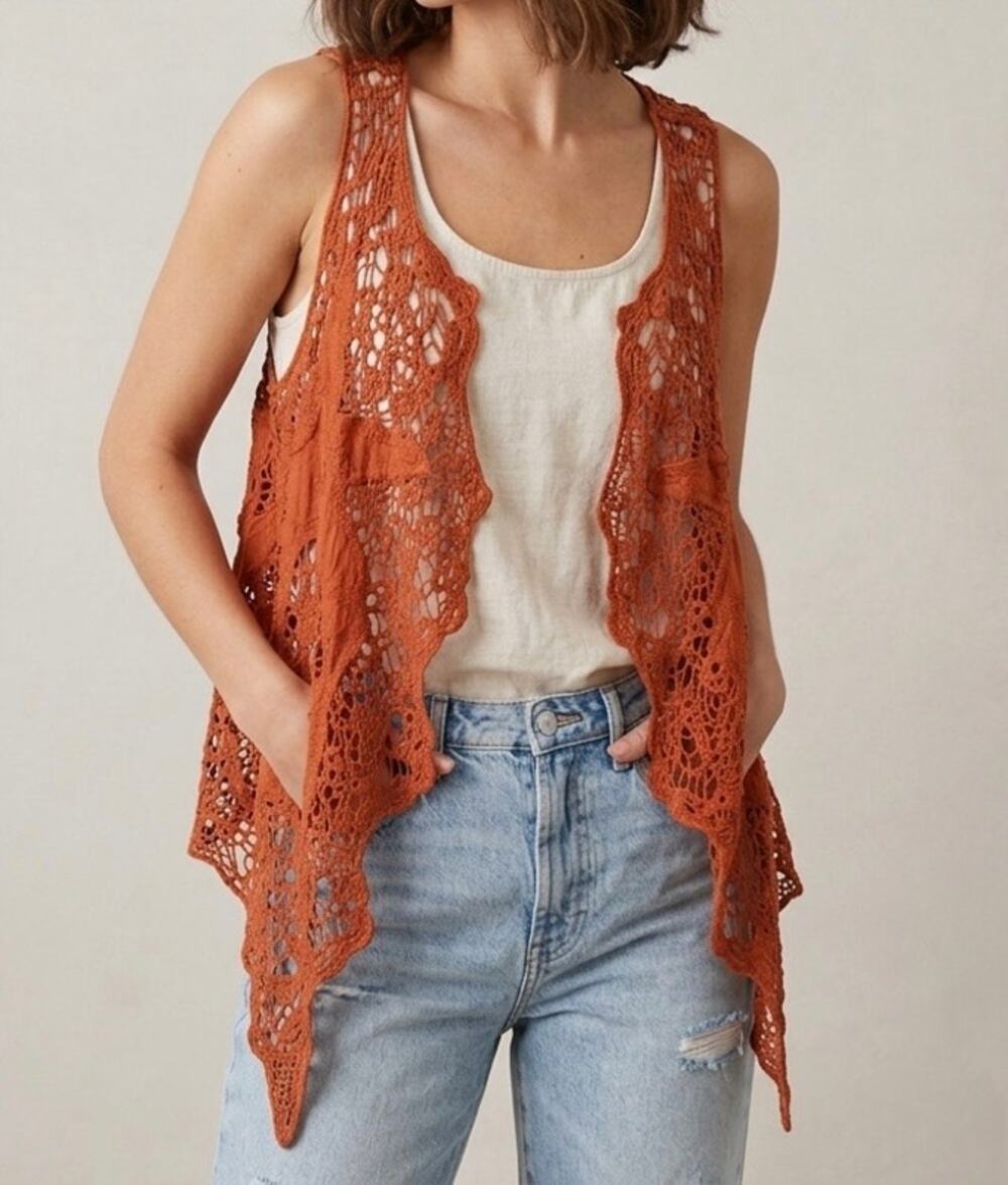 Jostle Crochet Vest Rust Orange Open Front Asymmetric Boho Festival Lagenlook